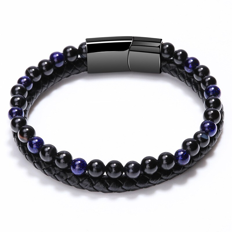 1 Piece Fashionable Style Bead Shape Leather Inlay Natural Stone Men's Bracelet 